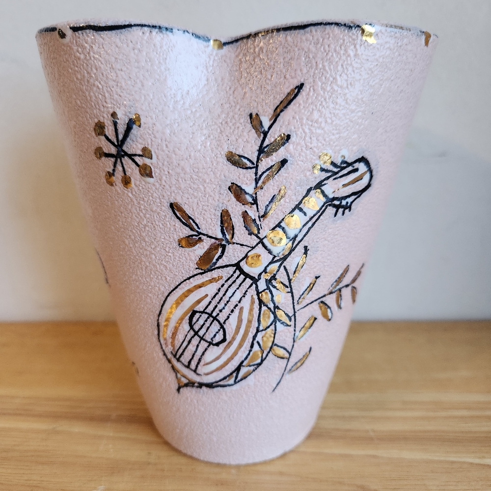 MCM Pink Studio Pottery Vase Textured Lyre 22K Gold Mark Fancillaci